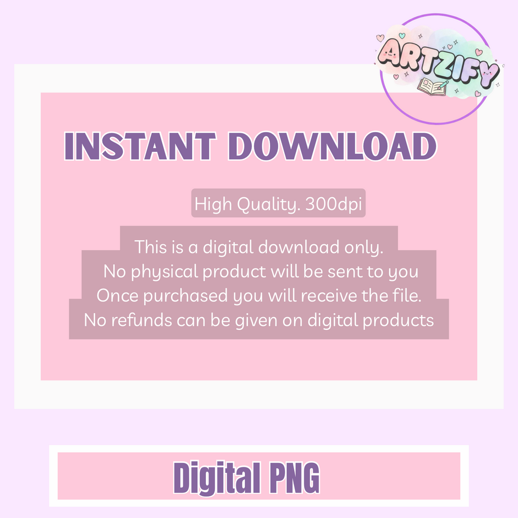 Digital download information with 'Artzify' branding on a pink background