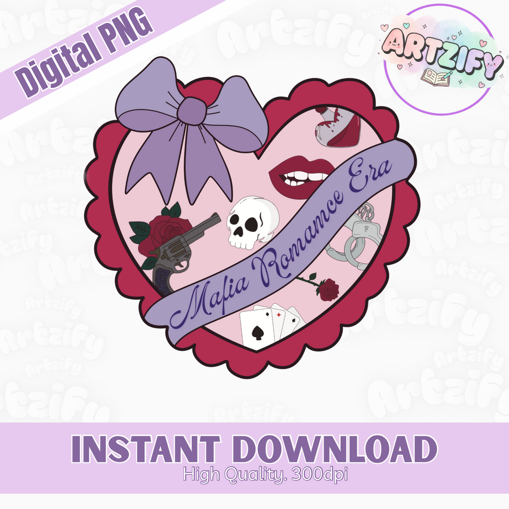 Heart-shaped design with a bow, roses, skull, gun, and playing cards on a pink background with 'Artzify' branding.