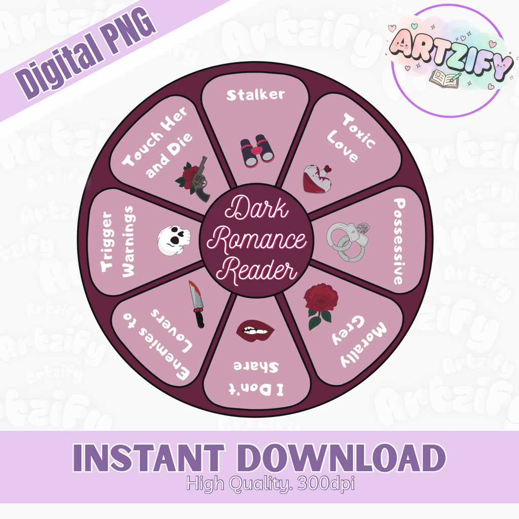 Wheel labeled 'Dark Romance Reader' with various traits on a white background, featuring the Artzify brand.